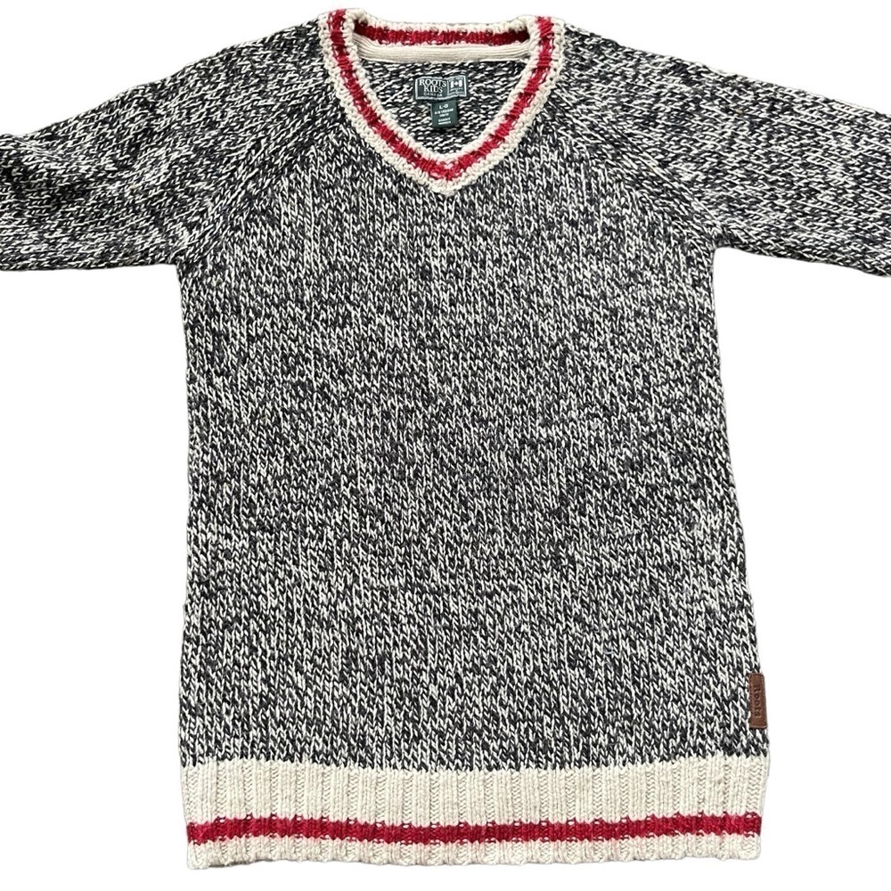 ROOTS Cabin Collection V-Neck Sweater Ragg Knit Wool Blend Size Large 9-10 Gray - Picture 3 of 7